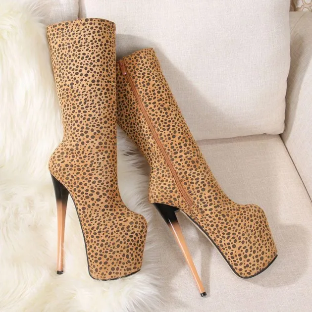 Leopard Print Zipper High Heel High Boots