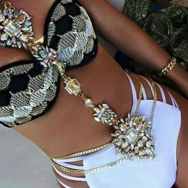 Alloy diamond set with gemstone waist chain body chain