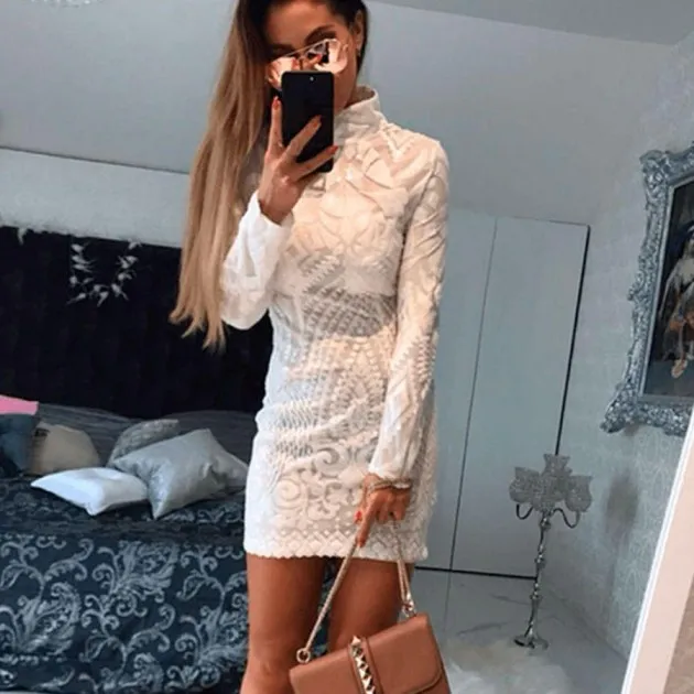 Sexy Round Neck Sequin Long Sleeve Party Dress