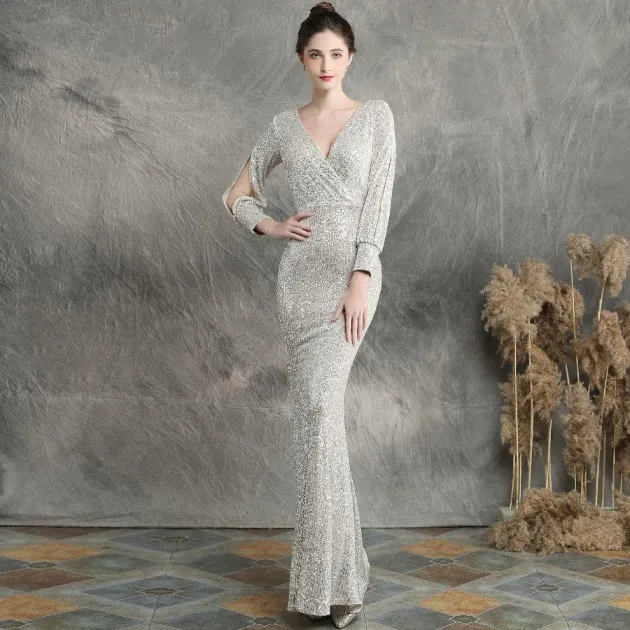 Sequined gas field fishtail evening dress