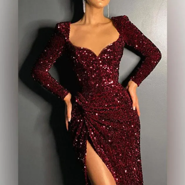 Vestido de lentejuelas de manga larga sexy de moda