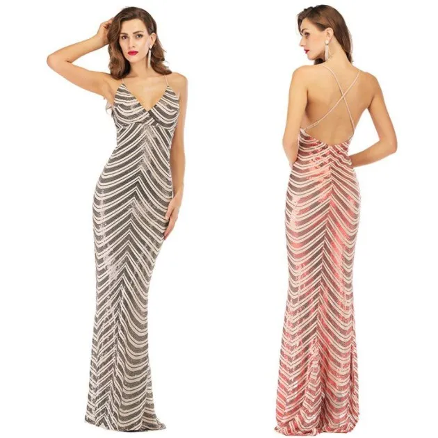 Sling Halter Dress, Deep V-neck Stretch Sequined Dress