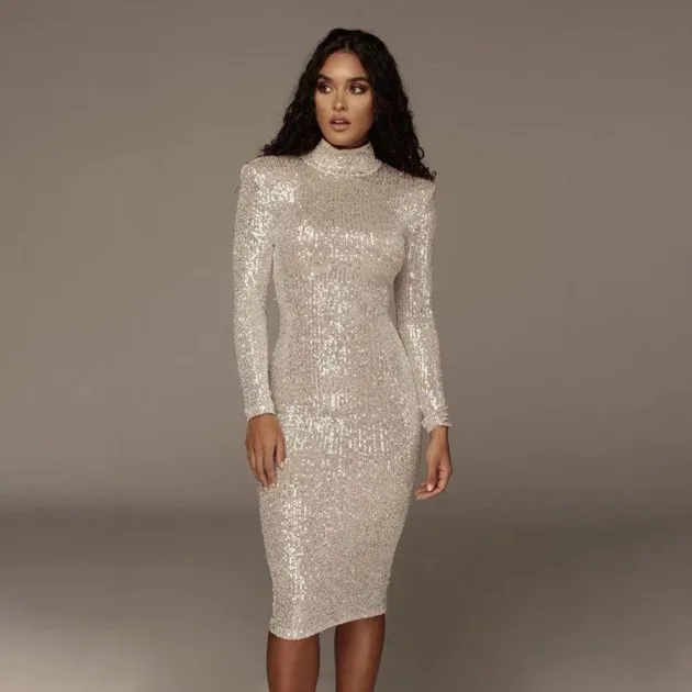 stand-up collar long-sleeved sequin dress