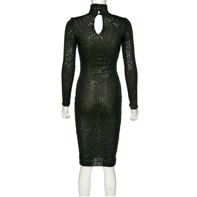 stand-up collar long-sleeved sequin dress