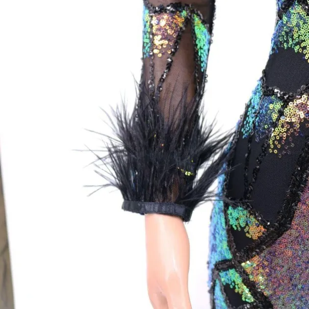 Sequined Ostrich Hair V-Neck Dress