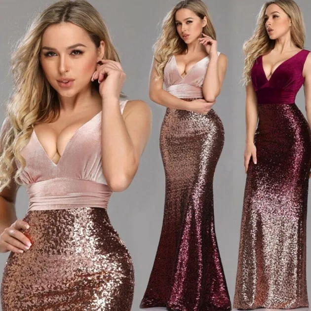 Sexy V-neck Sequin Evening Dress With Waist Long Skirt