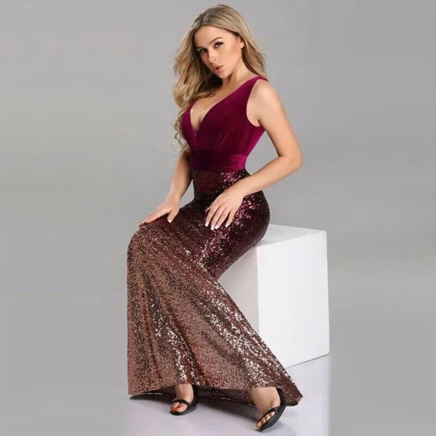 Sexy V-neck Sequin Evening Dress With Waist Long Skirt