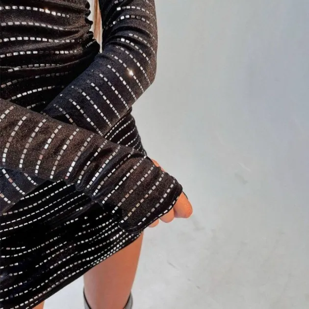 High Neck Long Sleeve Sequined Slimming Dress