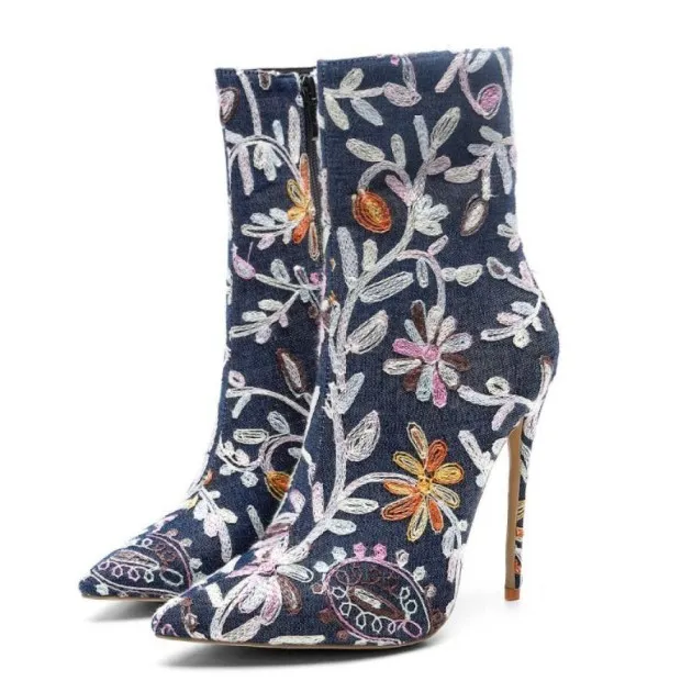 Gracefully Embroidered Denim Boots