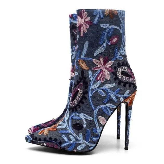 Gracefully Embroidered Denim Boots