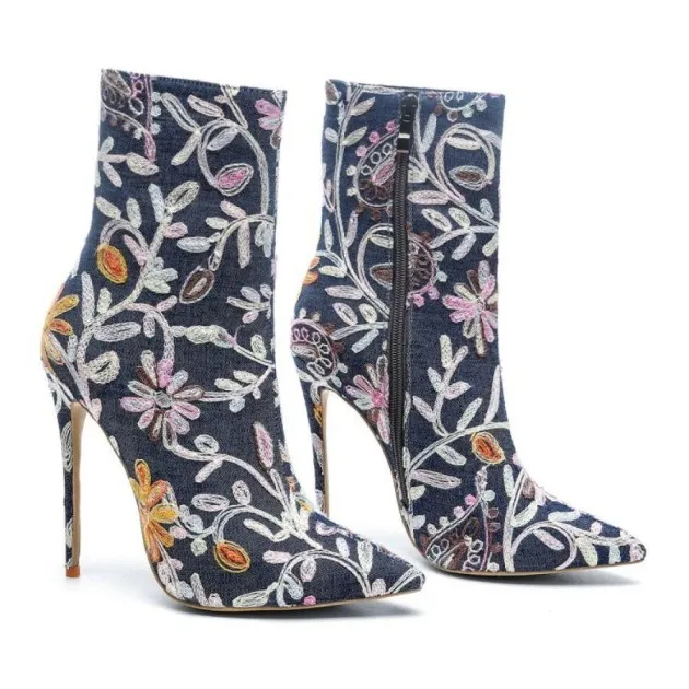 Gracefully Embroidered Denim Boots