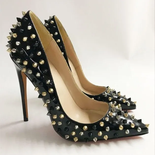 Black Patent Leather Color Matching Rivet High Heels