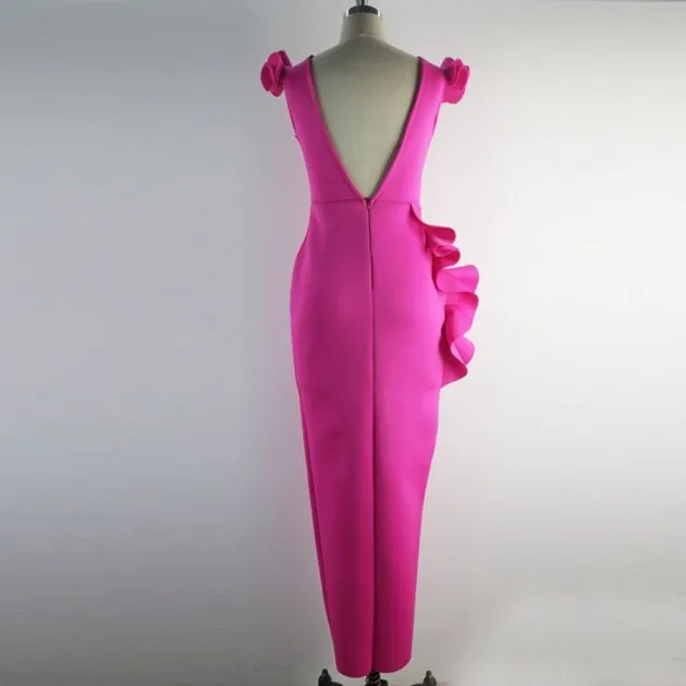 Deep V Neck Ruffle Dress Split Gown