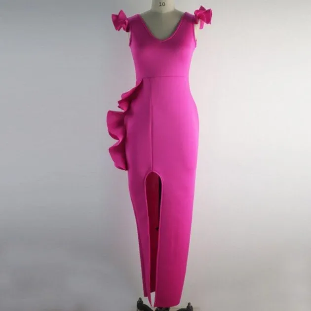 Deep V Neck Ruffle Dress Split Gown