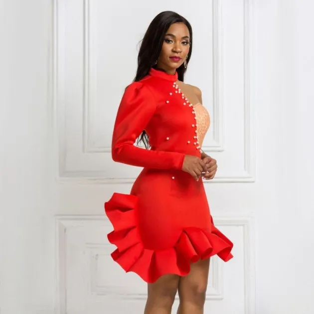 One-Shoulder Long-Sleeved Color Beaded Ruffle Dress Dress