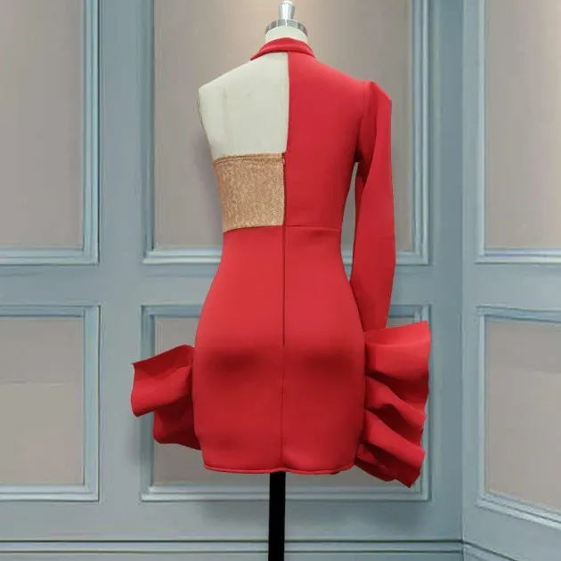 One-Shoulder Long-Sleeved Color Beaded Ruffle Dress Dress