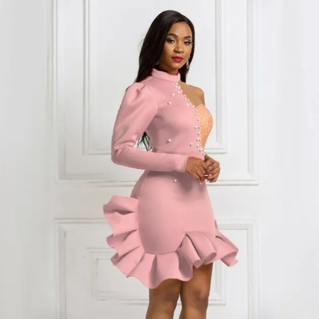 One-Shoulder Long-Sleeved Color Beaded Ruffle Dress Dress