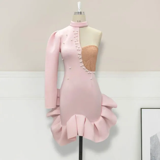 One-Shoulder Long-Sleeved Color Beaded Ruffle Dress Dress