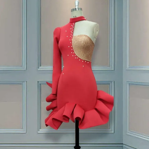 One-Shoulder Long-Sleeved Color Beaded Ruffle Dress Dress