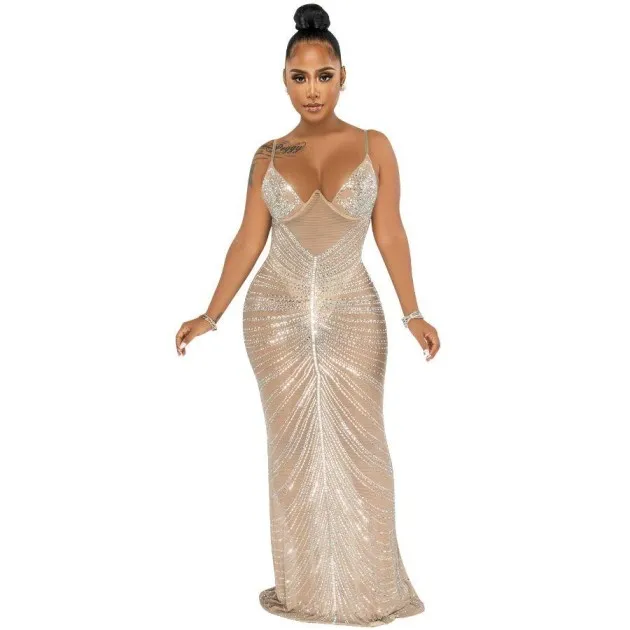 Sparkly zwarte mesh avond pure strass maxi jurk spaghettibandjes Crystal Glam