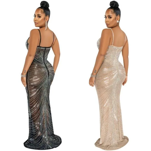 Sparkly zwarte mesh avond pure strass maxi jurk spaghettibandjes Crystal Glam