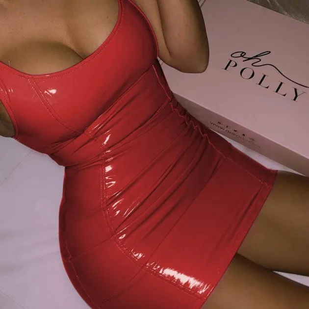 Sleeveless Hip Faux Leather Zipper PU High Elastic Round Neck Dress