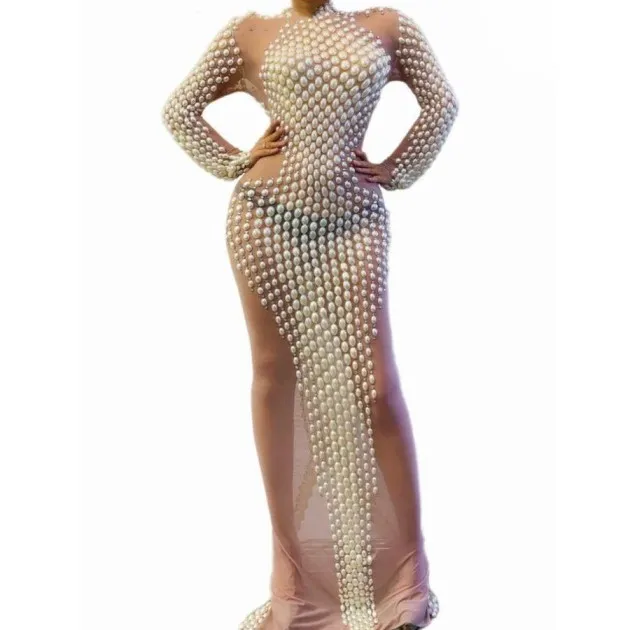 Women Pearl Dress Long Skirt Tight