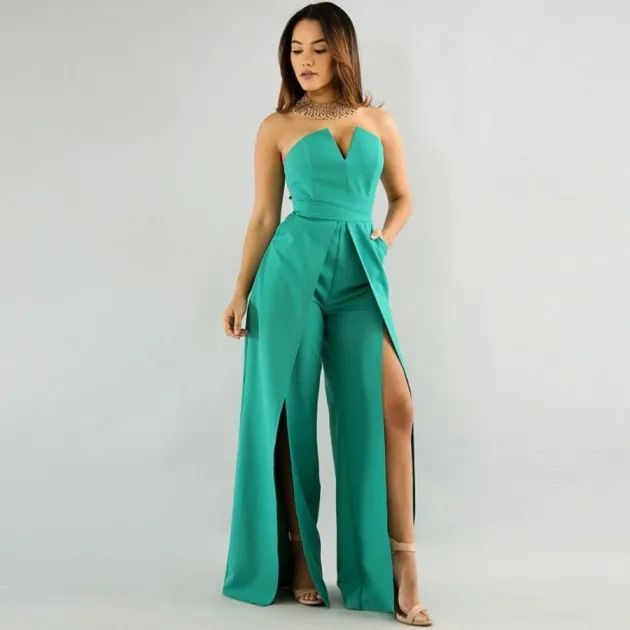 Holle Lange Jumpsuit Vrouwen Mode Rits Ingerichte Split Jumpsuit Elegante Borst Wijde Pijpen Jumpsuit