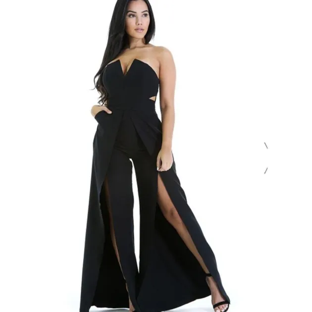 Hollow Long Jumpsuit Zipper Fitted Split Elegant Wide Leg Jumpsuit
