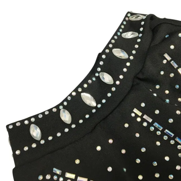 Hot Drill Round Collar Single Sleeve Mesh Perspective Hollow Out Skirt Dress