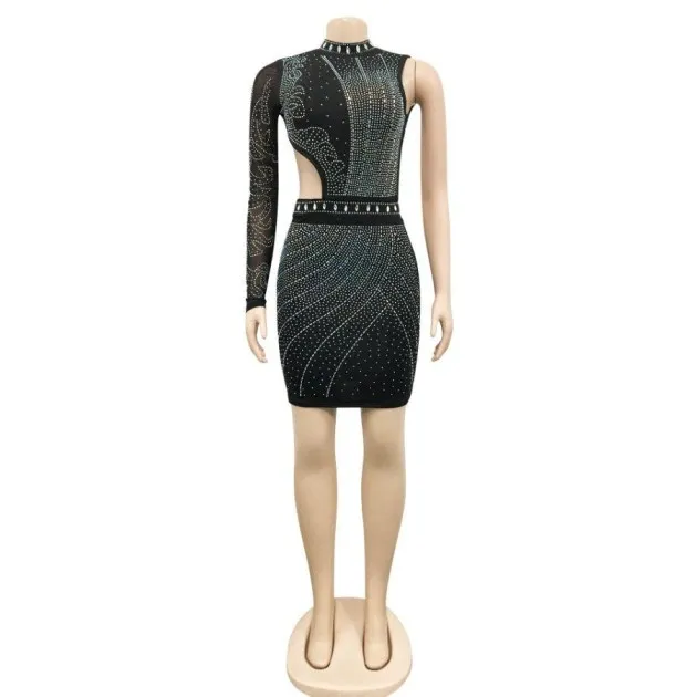 Hot Drill Round Collar Single Sleeve Mesh Perspective Hollow Out Skirt Dress