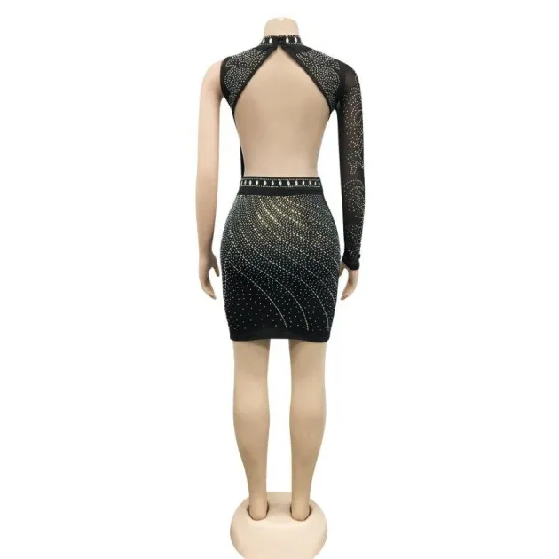 Hot Drill Round Collar Single Sleeve Mesh Perspective Hollow Out Skirt Dress