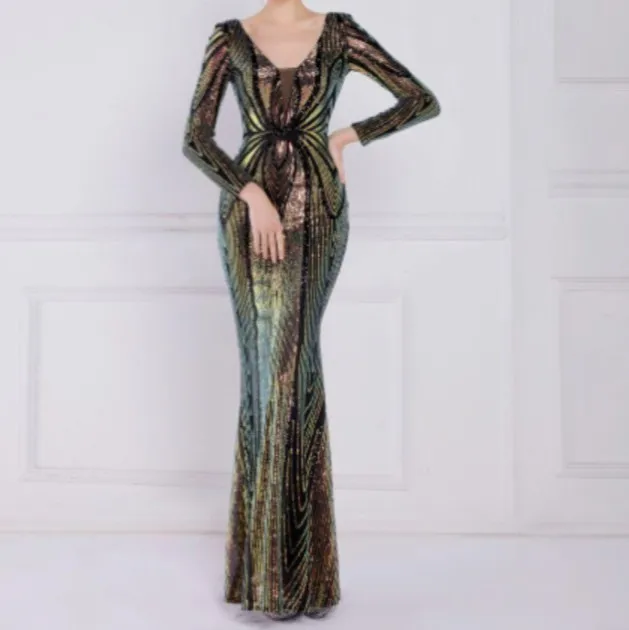 Banquet Elegant Long-sleeved Sequined Aura Queen Fishtail Dress