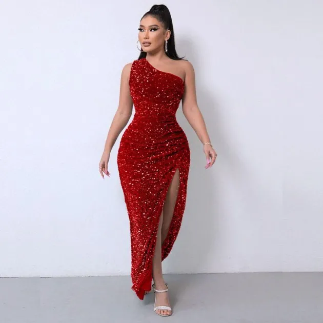 Sleeveless One Shoulder Slash Neck Sequins Gorgeous Slit Dress