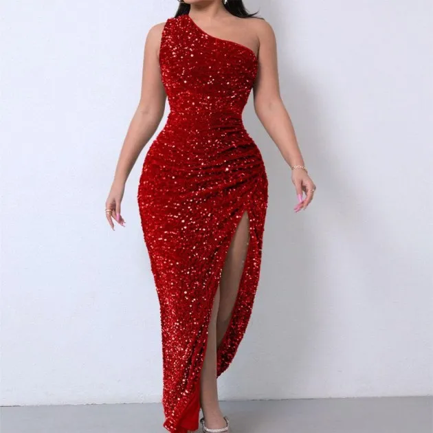 Sleeveless One Shoulder Slash Neck Sequins Gorgeous Slit Dress