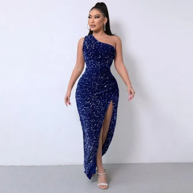 Sleeveless One Shoulder Slash Neck Sequins Gorgeous Slit Dress