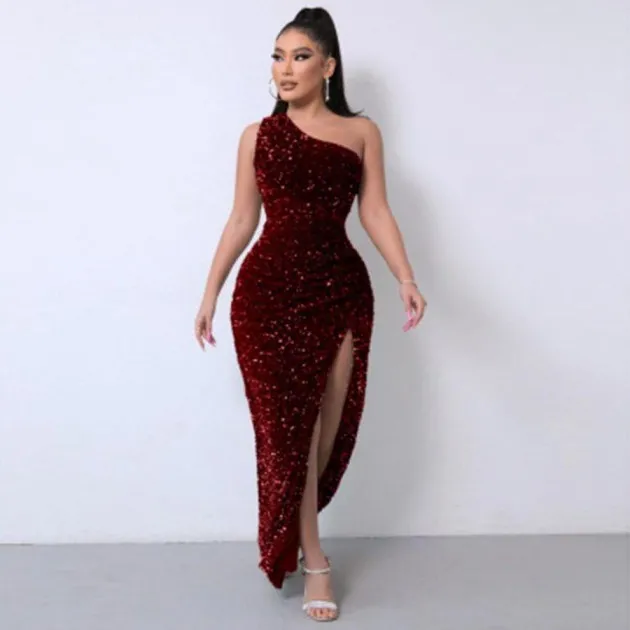 Sleeveless One Shoulder Slash Neck Sequins Gorgeous Slit Dress