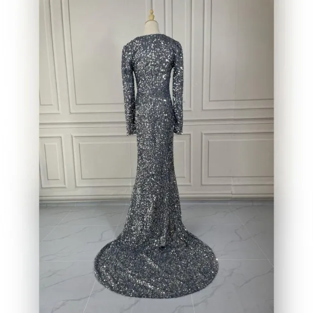 Long Sleeve Sequin Evening Dress