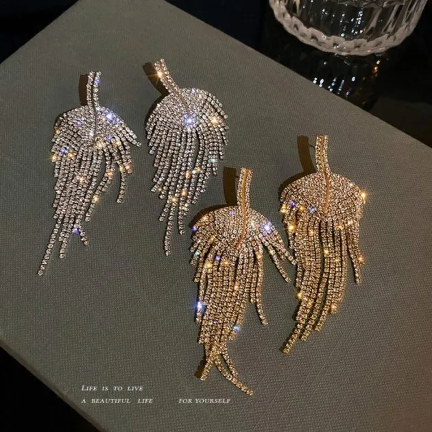 Silver Diamond Leaf Tassel Earrings Fashion