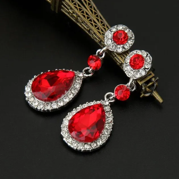 Red tear drop crystal earrings