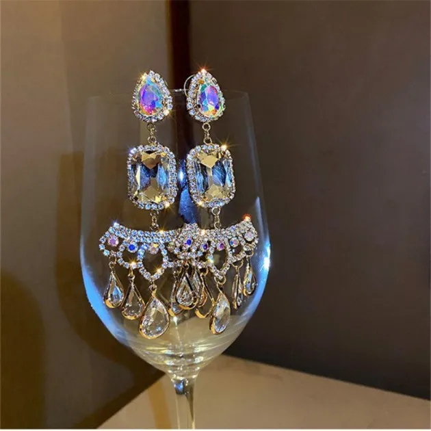 Drop Shaped Crystal Full Of Diamond Temperament Long Earrings Atmospheric Earrings
