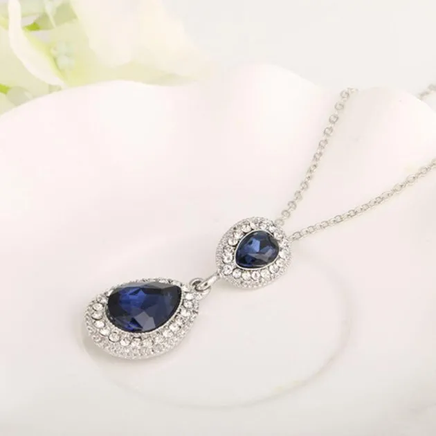 Blue Crystal Drop Pendant Necklace Earring Set