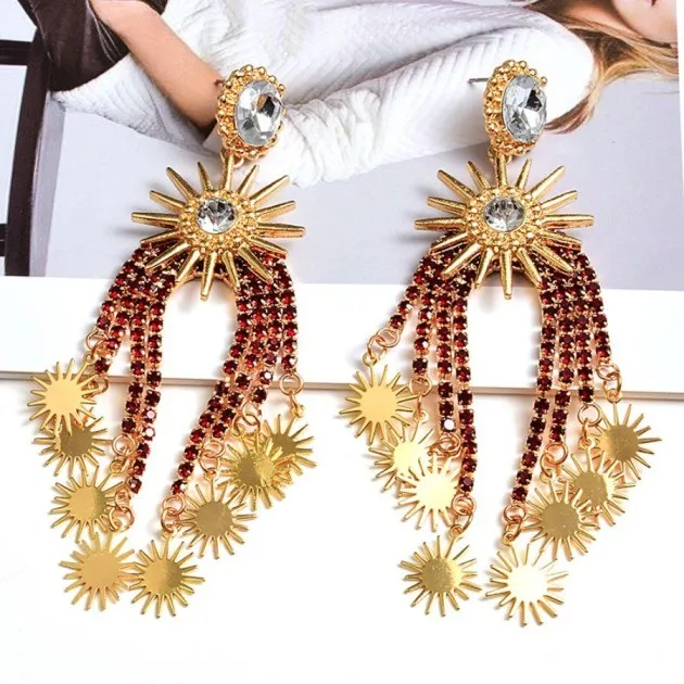 Colorful Suns Crystal Tassel Pendant Earrings