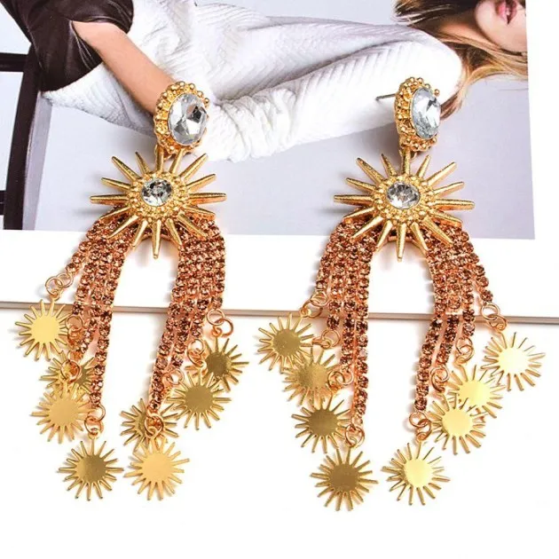 Colorful Suns Crystal Tassel Pendant Earrings