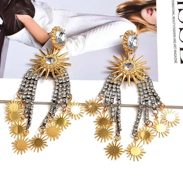Colorful Suns Crystal Tassel Pendant Earrings