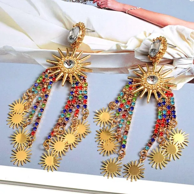 Colorful Suns Crystal Tassel Pendant Earrings