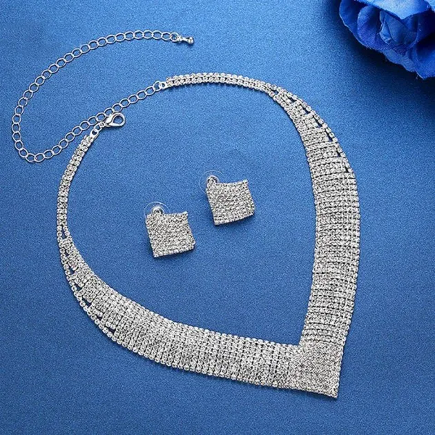 Elegant Shiny Square Rhinestone Necklace Earrings Set
