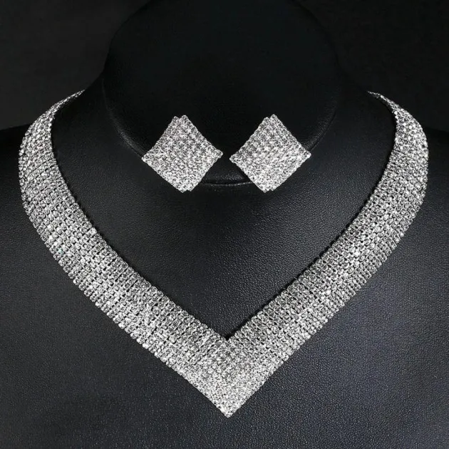 Elegant Shiny Square Rhinestone Necklace Earrings Set