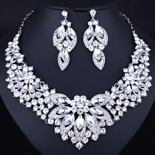 Flower Crystal Rhinestone Necklace Earrings Two-Piece Set