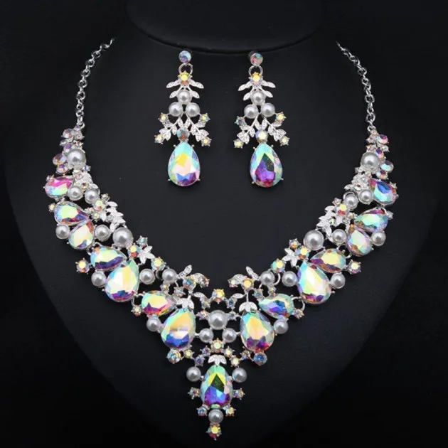 Crystal Pearl Gemstone Necklace And Earrings Set